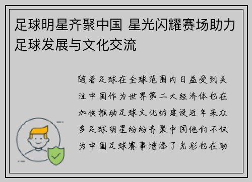 足球明星齐聚中国 星光闪耀赛场助力足球发展与文化交流